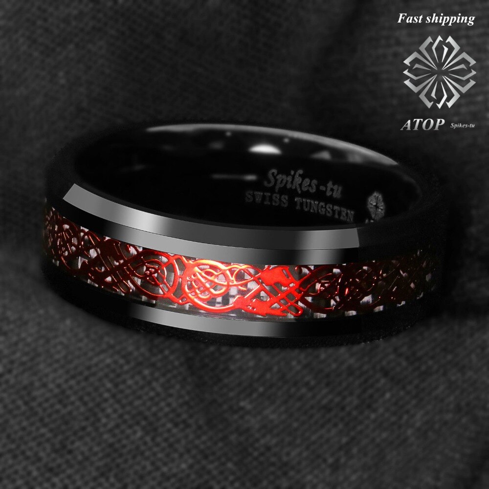 Anneau de tungstène noir 8mm anneau de fibre de carbone noir Dragon celtique rouge au sommet des bijoux
