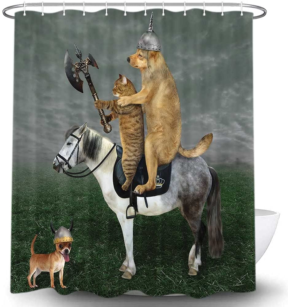Tenda da doccia per bambini divertenti divertente animale domestico gatto Beige con cane equitazione tessuto da bagno tende da bagno con set di ganci