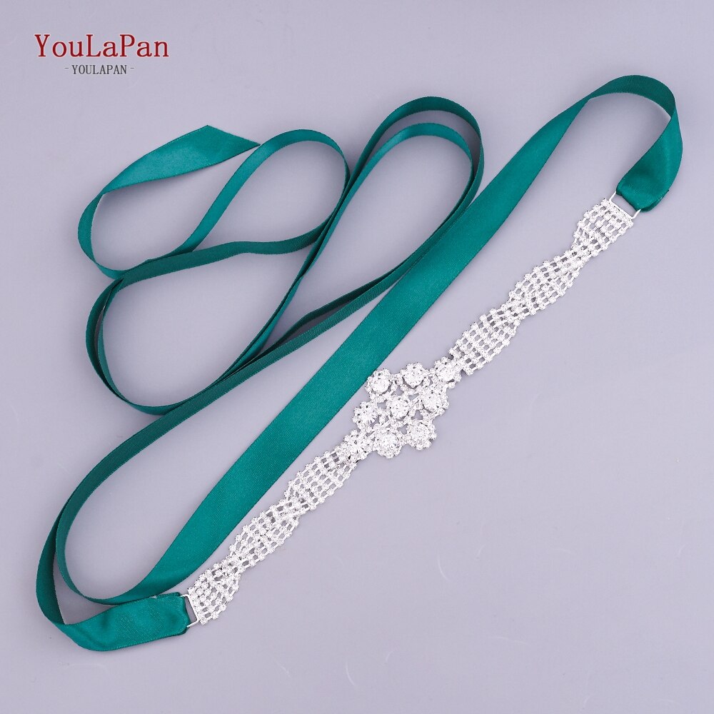 YouLaPan S98 Bling Bridal Belt Rhinestone Wedding Belt Dress Belt Luxury Dress Accessories Wedding Dress Accessories: Dark green ribbon