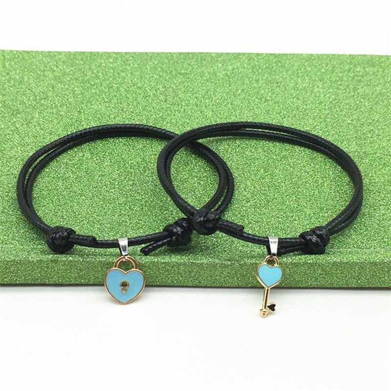 2 stuks/paar armband met legering sleutel liefde hart slot bedel armband handgemaakte sieraden touw armband voor geliefden paar: Bl