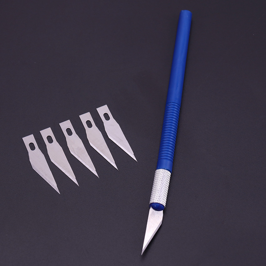 1Set 6 Blades Non-Slip Metal Wood Knife Tools Cutter Engraving Craft knives Fruit Carving Tools DIY Stationery Utility Knife: Blue