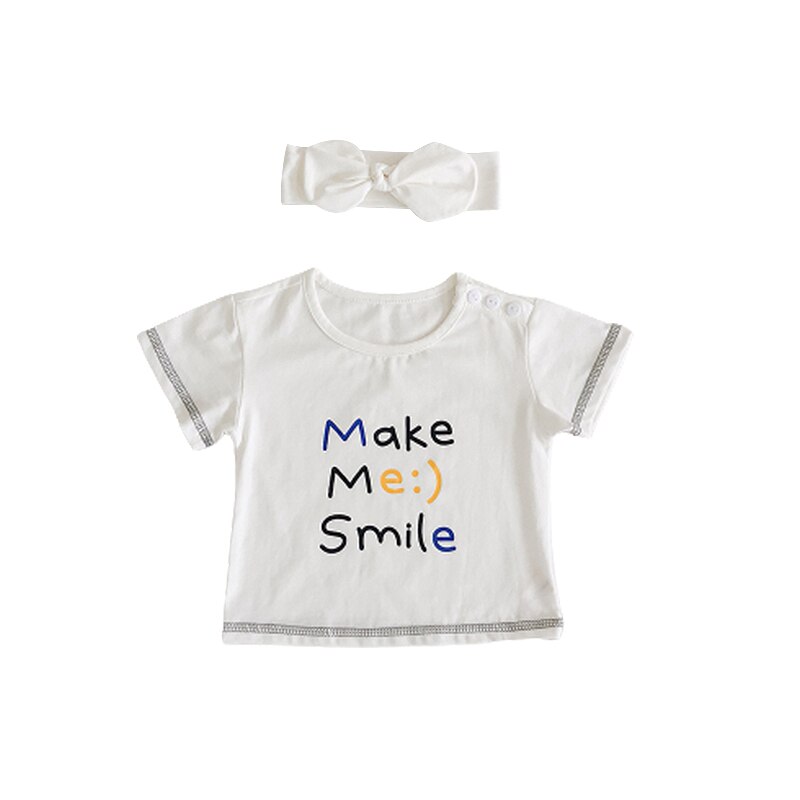 2022 0-20m me fazer sorrir infantil bebê menina camiseta doce carta impressão manga curta em torno do pescoço algodão t + arco bandana verão 2 pçs: A / 20M