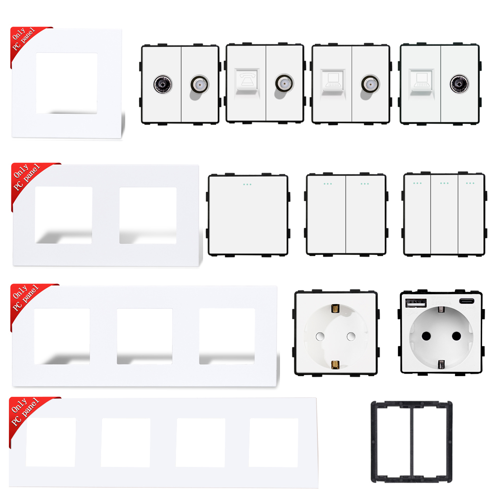 White Plastic Frame EU Wall Plug RJ45 TV ST HDMI CAT6 USB Sockets Mechanical Switch Function Parts DIY Free Combination