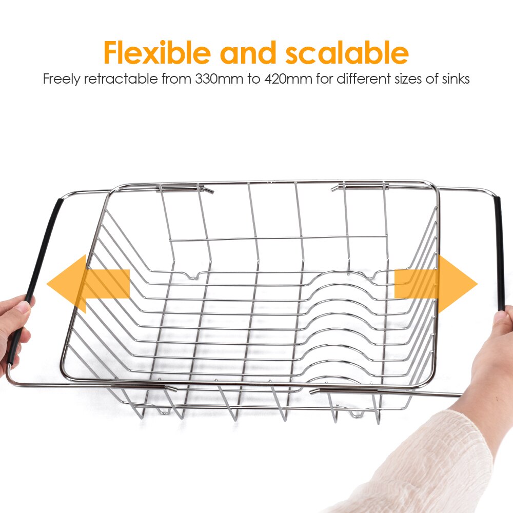 Justerbar over vask opvask tørrestativ rustfrit stål køkken opbevaring kurv afløbsholder frugt rustfast skål fad glas stativ