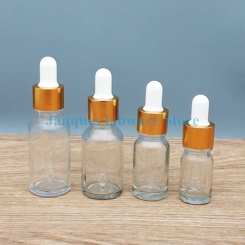 10pcs 5ml to 100ml clear Glass Dropper Bottle golden Screw cap Essential oil vials with pipette Refillable Bottles