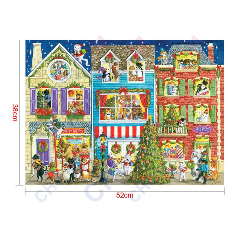 Christmas Pet Street Wooden Jigsaw Puzzle 1000 Pieces Manual Educational Toy for Children/Kids Small Crafts(52x38cm)