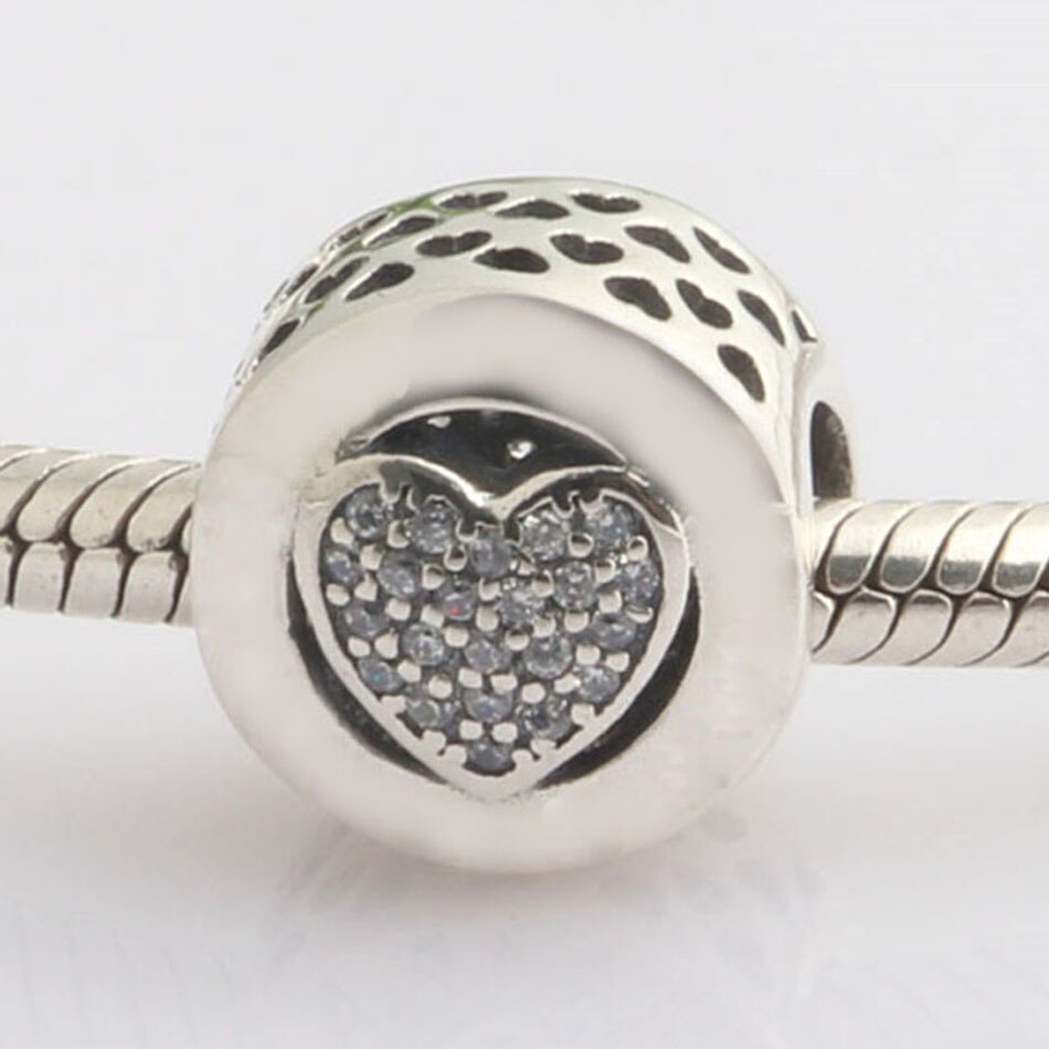 Authentic S925 Sterling Silver DIY Jewelry Signature Heart Charms fit Pan Bracelet Bangle Berry Clear CZ