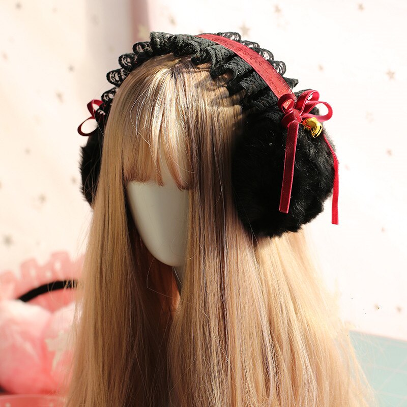 Ear Warmer Winter Accessories Lolita Burgundy Ribbon Bells Plush Ear Covers Girl Gothic Black Lace Earmuffs