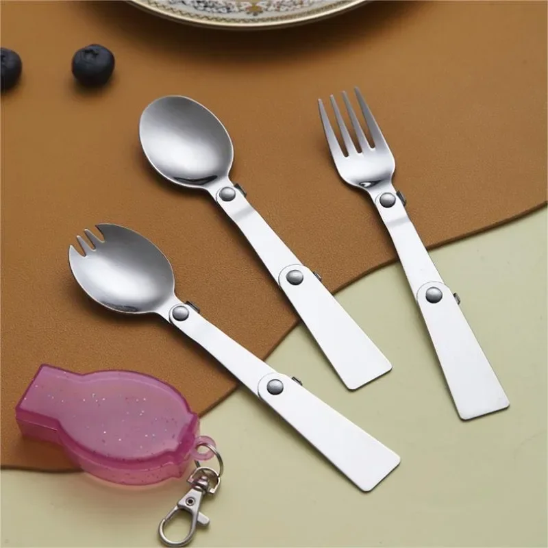 1pc 304 foldbar ske i rustfrit stål, bordservice, udendørs bærbar, tredobbelt ske, gaffel, rejsefoldbar ske