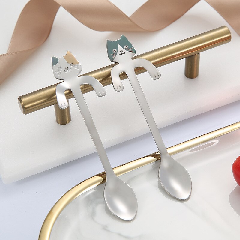 6 pcs Mini Cute Coffee Spoon 12cm 17 cm 304 Stainless Steel Cartoon Cat Spoon Teaspoon Dessert Snack Scoop Milk Spoons Tableware