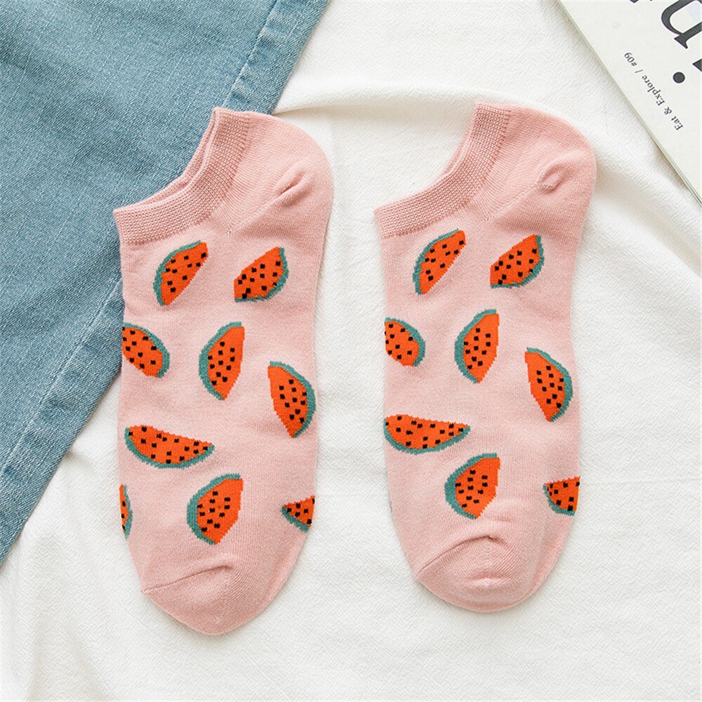 Girls summer funny cute cartoon happy fruit socks avocado strawberry watermelon banana lemon peach sokken: Pink Watermelon