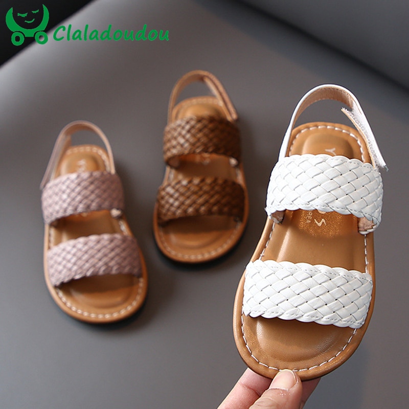 Tissage de sandales pour enfants | Chaussures d'été, solides et douces, 14-19cm, blanc marron, pour bébés filles de 0-6 ans