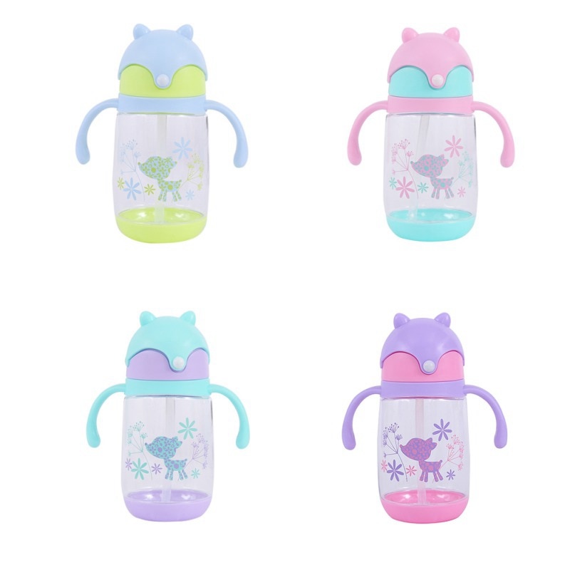 300ml Cute Fox Baby Feeding Cup with Straw Children Learn Feeding Drinking Bottle with Handle Kids Training Cup