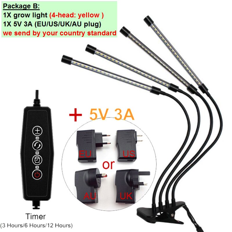 Usb-timer, 3/4- kops led-kweeklamp, fytolamp, kweektent voor binnen, kweekkast, cultivo, gele clip, zonlicht, volspectrum, plantengroeilamp: B pakket 4 kop