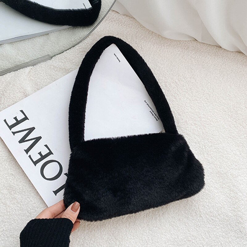 Winter Vintage Zebra Patroon Schouder Onderarm Zak Vrouwelijke Pluche Herfst Handtas Zachte Warme Bont Tote Purse Voor Lady Clutch Bag sac: Black