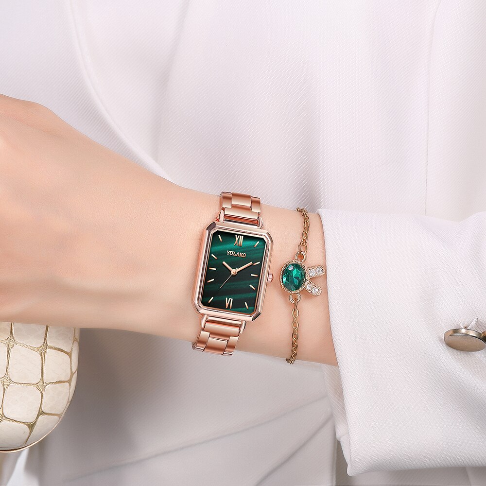 Klasyczna marka zegarek damski ze stali nierdzewnej prostokąt zielone modne zegarki damskie różowo-złoty kwarc bransoletka robić zegarka na rękę