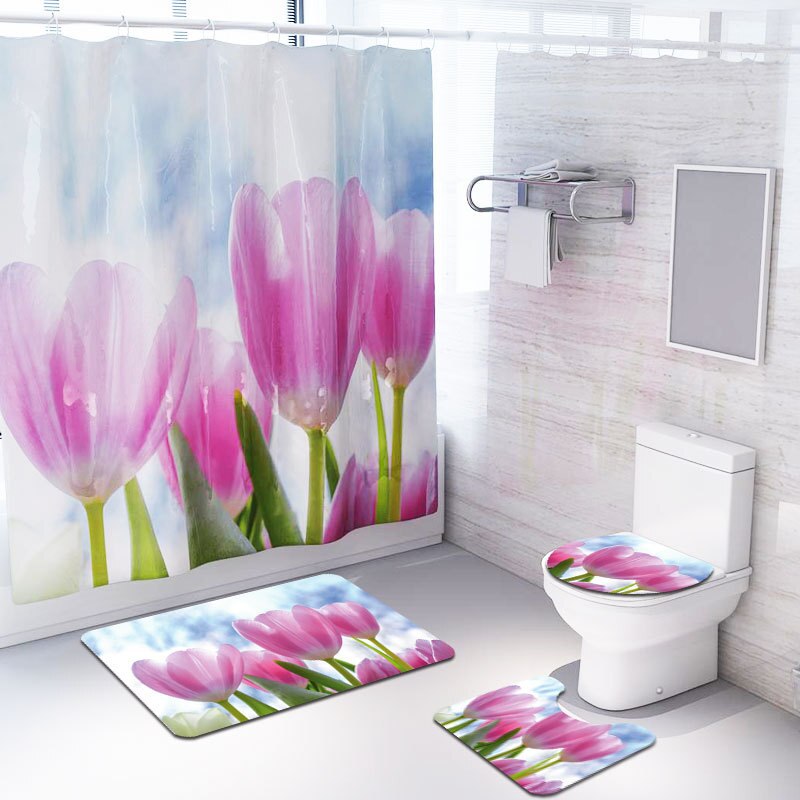 Bloem Patroon Afdrukken Badkamer Waterdicht Douchegordijn Set Voetstuk Tapijt Deksel Tapijt Wc Cover Set Bad Gordijn Mat Set
