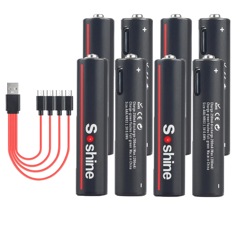Soshine 600mwh usb li-ion aaa wiederauf ladbarer akku aaa 1,5 v lithium batterien mit 4-in-1 usb kabel für spielzeug kamera taschenlampe: WHITE