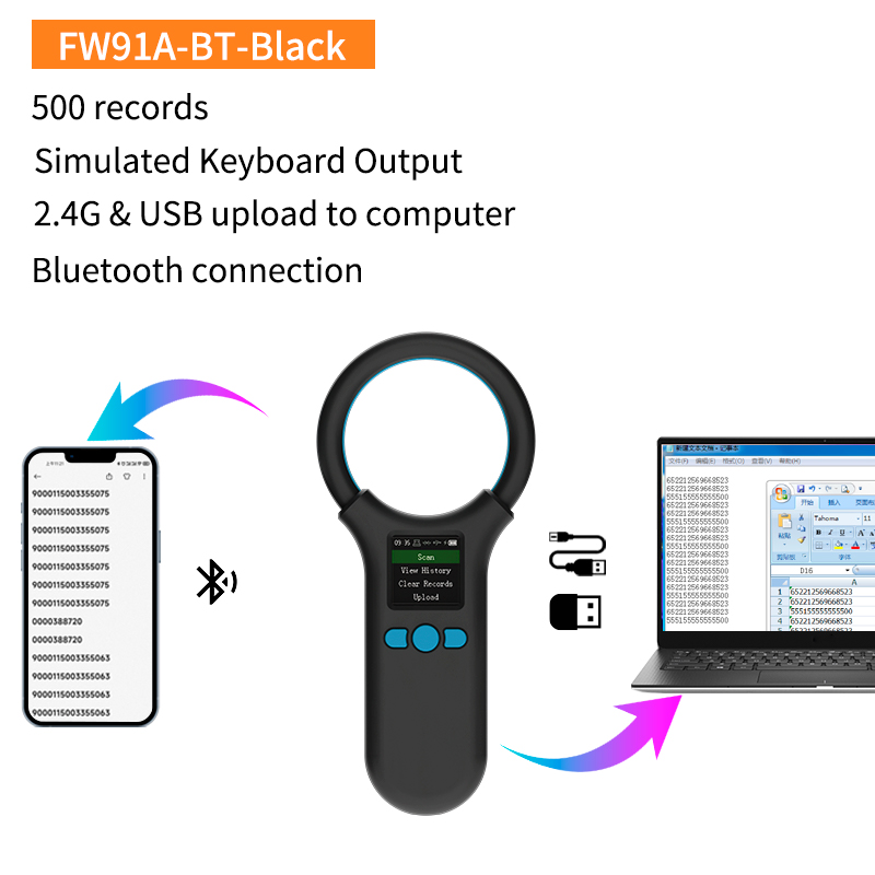 Lecteur RFID pour animaux 134.2KHz 125kHz, Scanner de micropuces pour animaux de compagnie, chat, chien, puce en verre FDX-B, USB/Bluetooth/2.4G, lecteur d'étiquettes pour animaux: Bleu