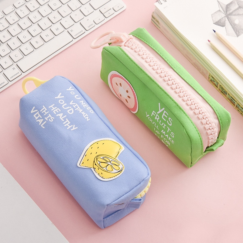 Estuche escolar con cremallera grande, bolsa de lápiz con motivos frutales, papelería, organizador de lona de piña limón, bolsas de almacenamiento para bolígrafos, oficina