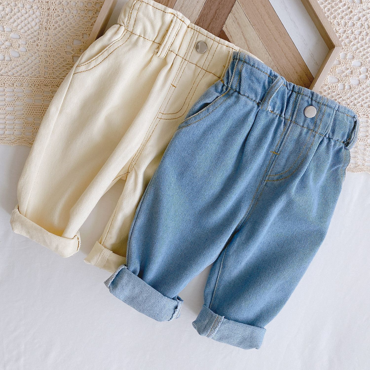 Baby Zachte Jeans Jongens Kleding Lente Baby Effen Kleur Toevallige Hoge Taille Grote Pp Broek Voor Meisje Jongen