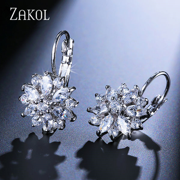 ZAKOL Fashion Rose Gold Color Flower Hoop Earrings dla kobiet CZ Crystal Zircon Earring Brincos: Posrebrzane