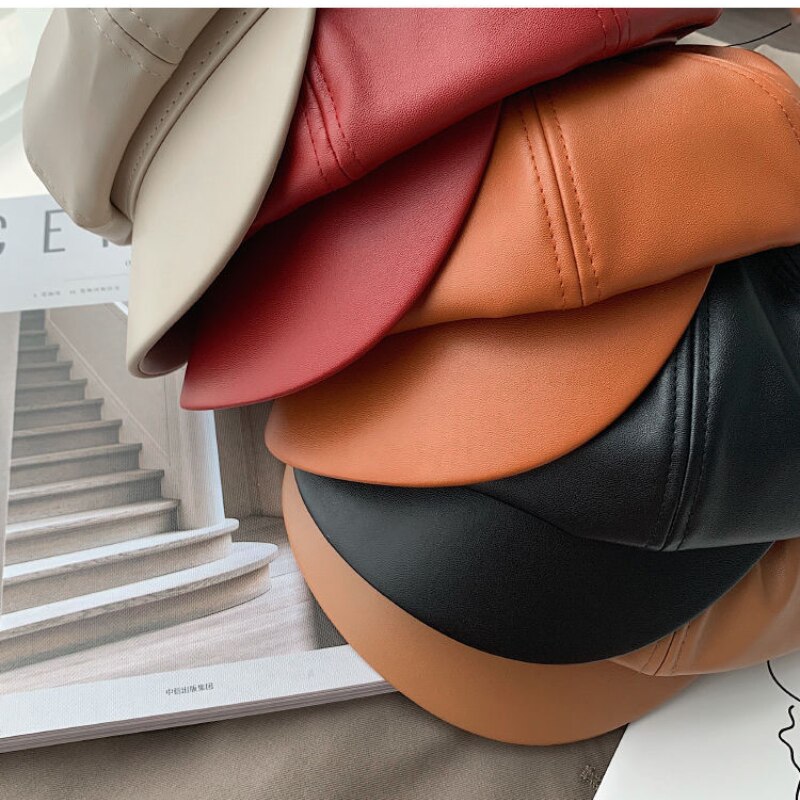 PU Leather Beret Hat Solid Female Autumn Winter Korean Student Wild Round British Style Octagonal Hats Pumpkin Cap