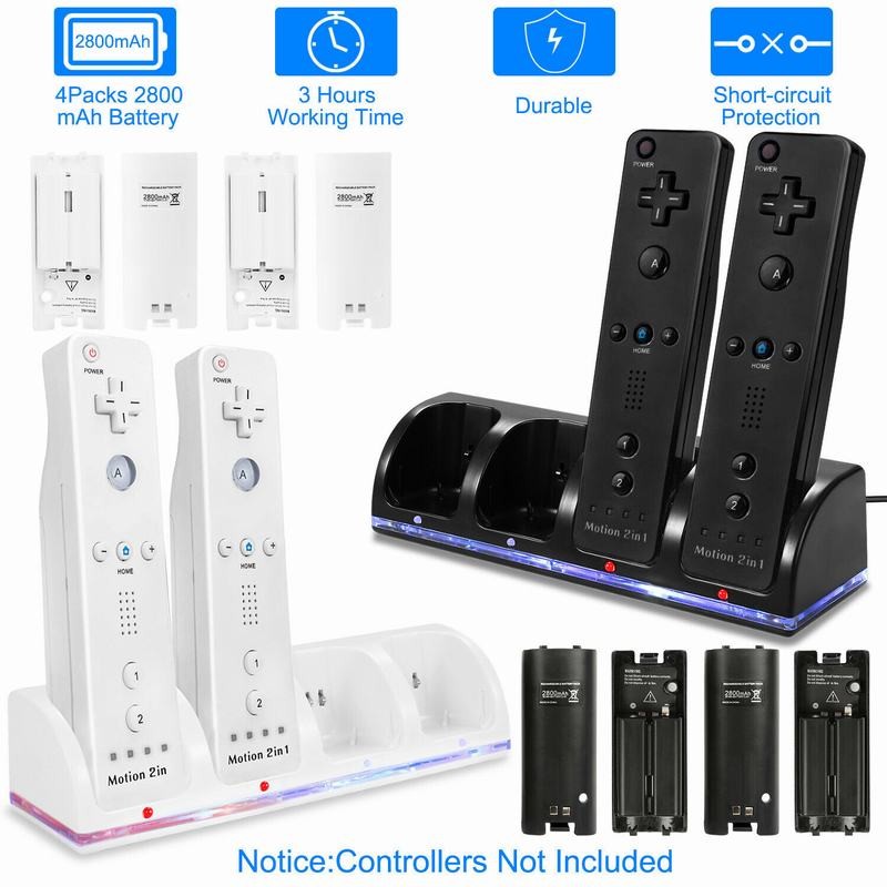Soporte de carga rápida para Nintendo Wii, base de carga de 4/2 puertos USB 4/2 + 4/2 baterías, luz LED y cable para mando a distancia