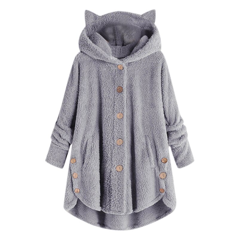 otoño chaqueta de mujer hebilla lateral mullido dobladillo Abrigo con capucha holgado cálido oído largo abrigo