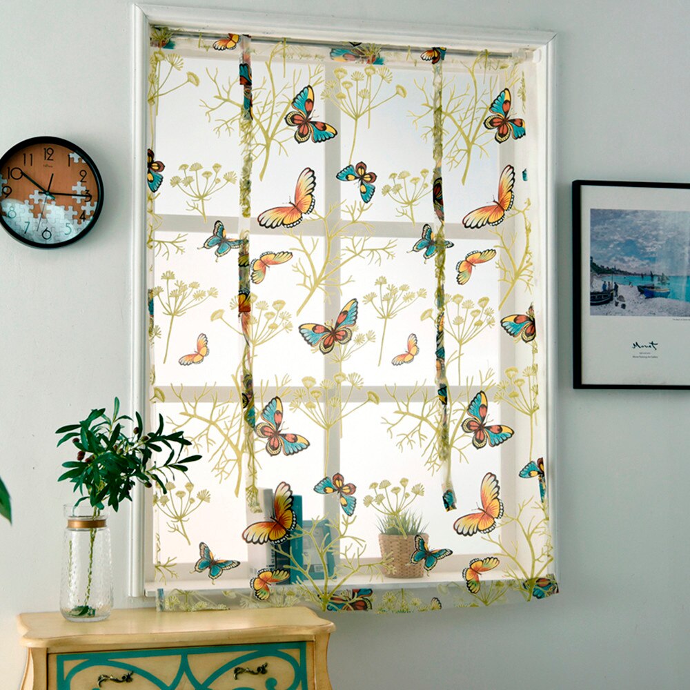 Rideau à tige relevable, beau rideau à motif papillon romantique, rideau court pour chambre à coucher, cuisine, salle de bain, décoration de maison