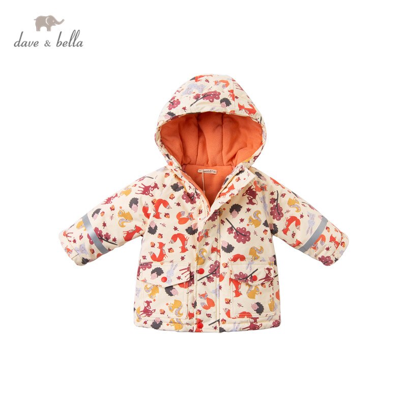 DB15847 dave bella inverno del bambino unisex del fumetto di modo di stampa tasche imbottito con cappuccio del cappotto top infantile del bambino della tuta sportiva