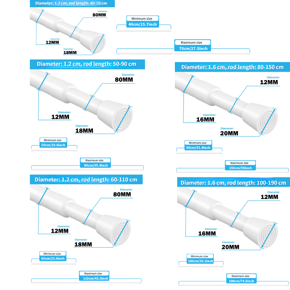 40-190CM Multi Purpose Spring Loaded Extendable Telescopic Curtain Pole Tension Rail Net Voile Pole Net Telescopic Rods Curtain