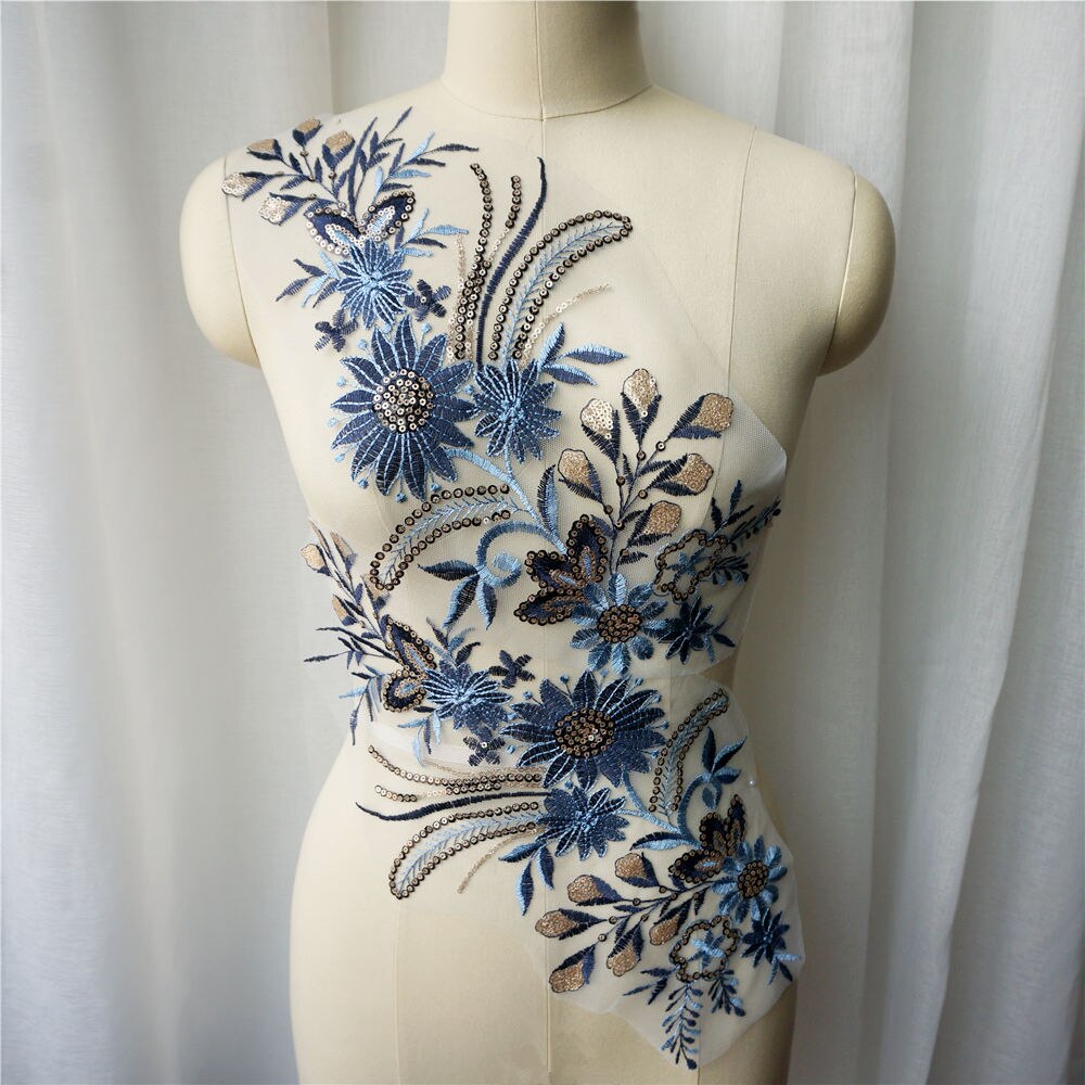 2 sæt 4 stk blå paillet blomsterblonder stof broderet kjole applikationer krave høj luksus mesh sy patches til kjoler