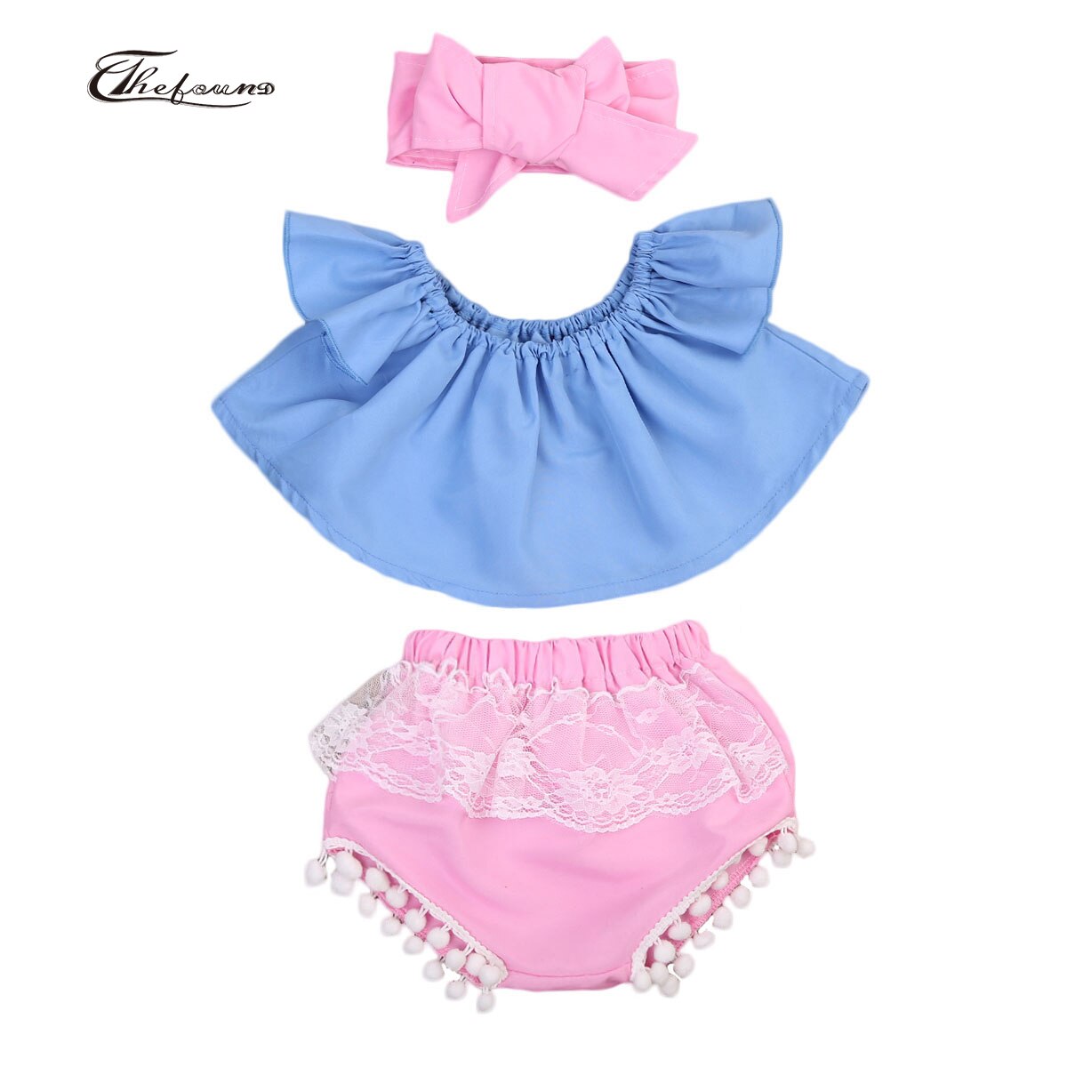 3 stuks baby meisjes ruches off shoulder top tank + kwastjes shorts + hoofdband outfit zonnepak zomerkleding set: Blauw / 24m