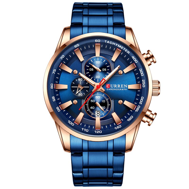 Curren Horloge Voor Mannen Top Black Gold Quartz Sport Horloge Heren Chronograaf Klok Datum Roestvrij Staal Mannelijke Horloges: Rose Gold Blue