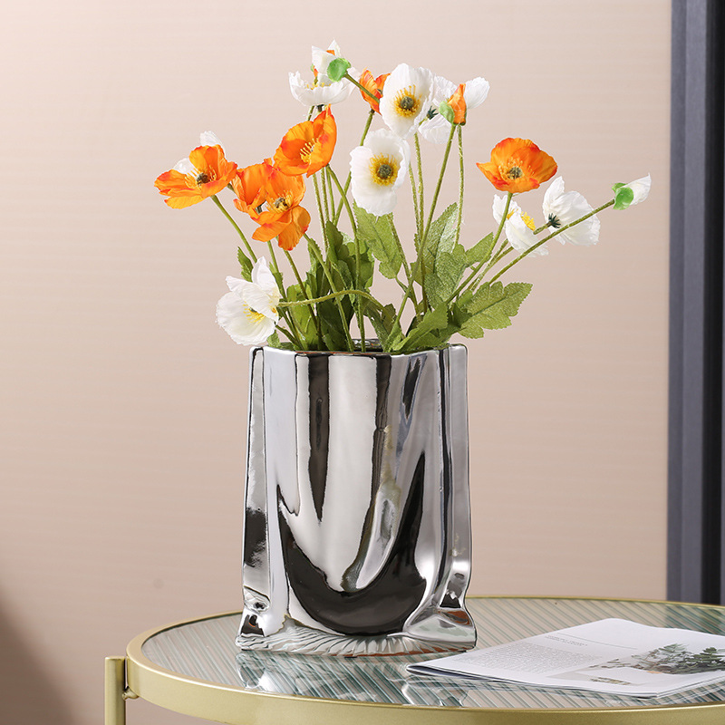 Jarrón de flores con volantes plateados, jarrón de cerámica, arreglo de flores de porcelana, decoración con forma de bolsa, terrario, decoración del hogar, jarrones