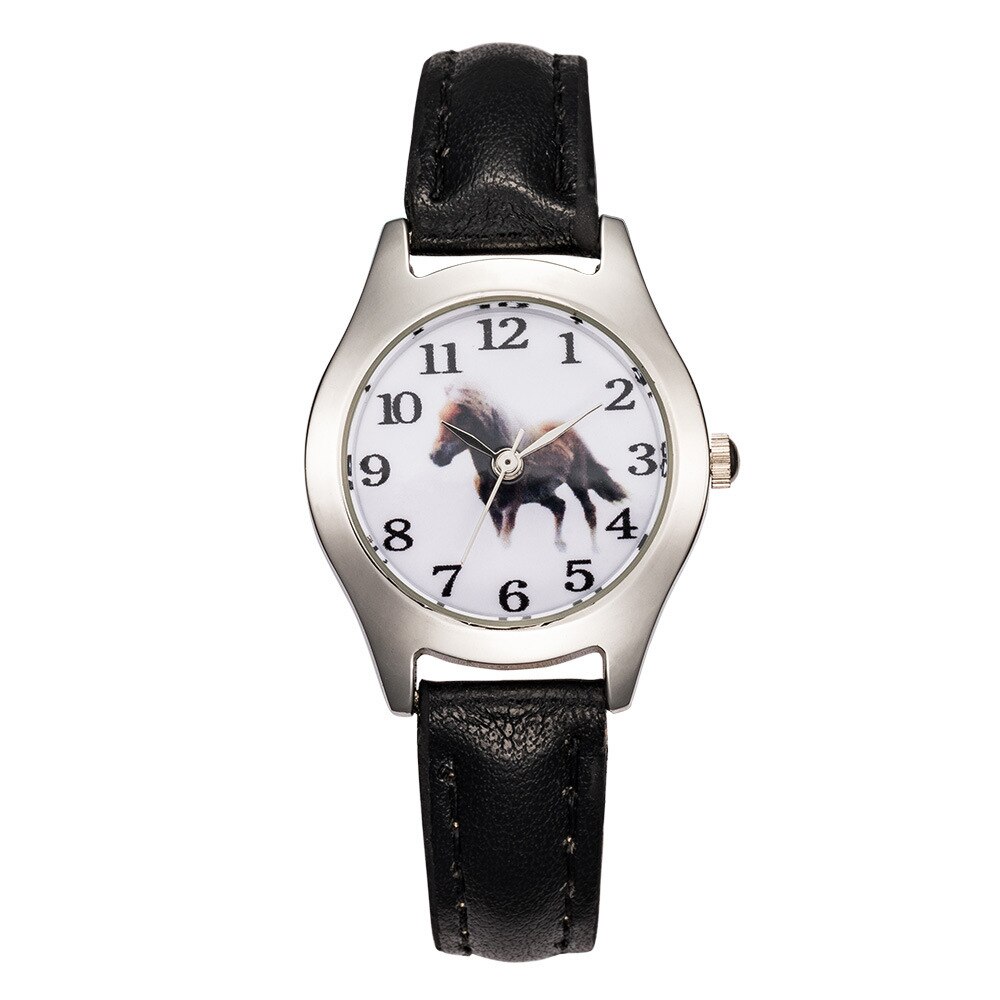 1 stücke Rose Leder Nette Reizende Mädchen Damen frauen Uhr freundlicher Pferd Quarz Schüler freundlicher Ebene armbanduhr: Schwarz