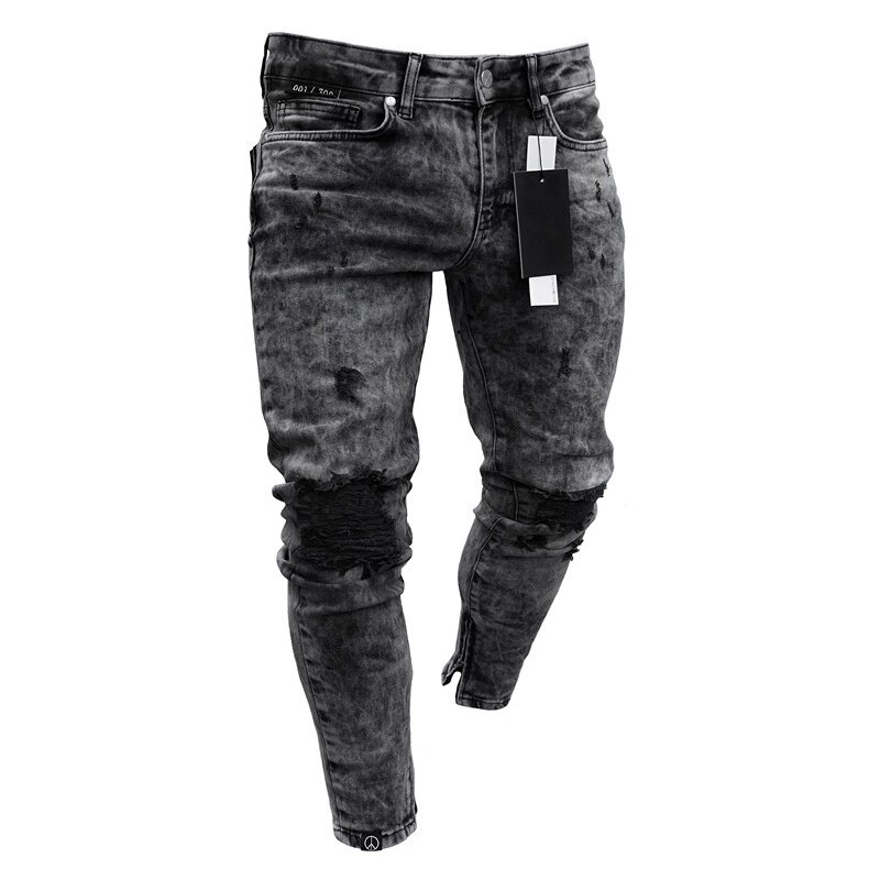 Jean déchiré noir pour homme, pantalon crayon, moulant, de rue, Hip-Hop, Cowboy, trou, vêtement en Denim extensible de