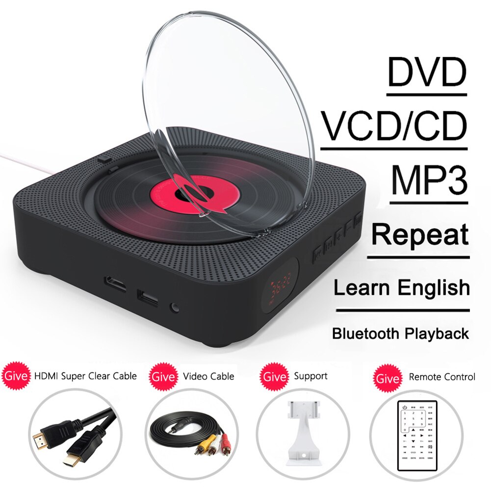 Bluetooth Wall-mounted CD Player Stereo Audio Early Learning Speaker Wireless Remote Control CD/DVD Mp3 FM Radio HiFi Speaker: black