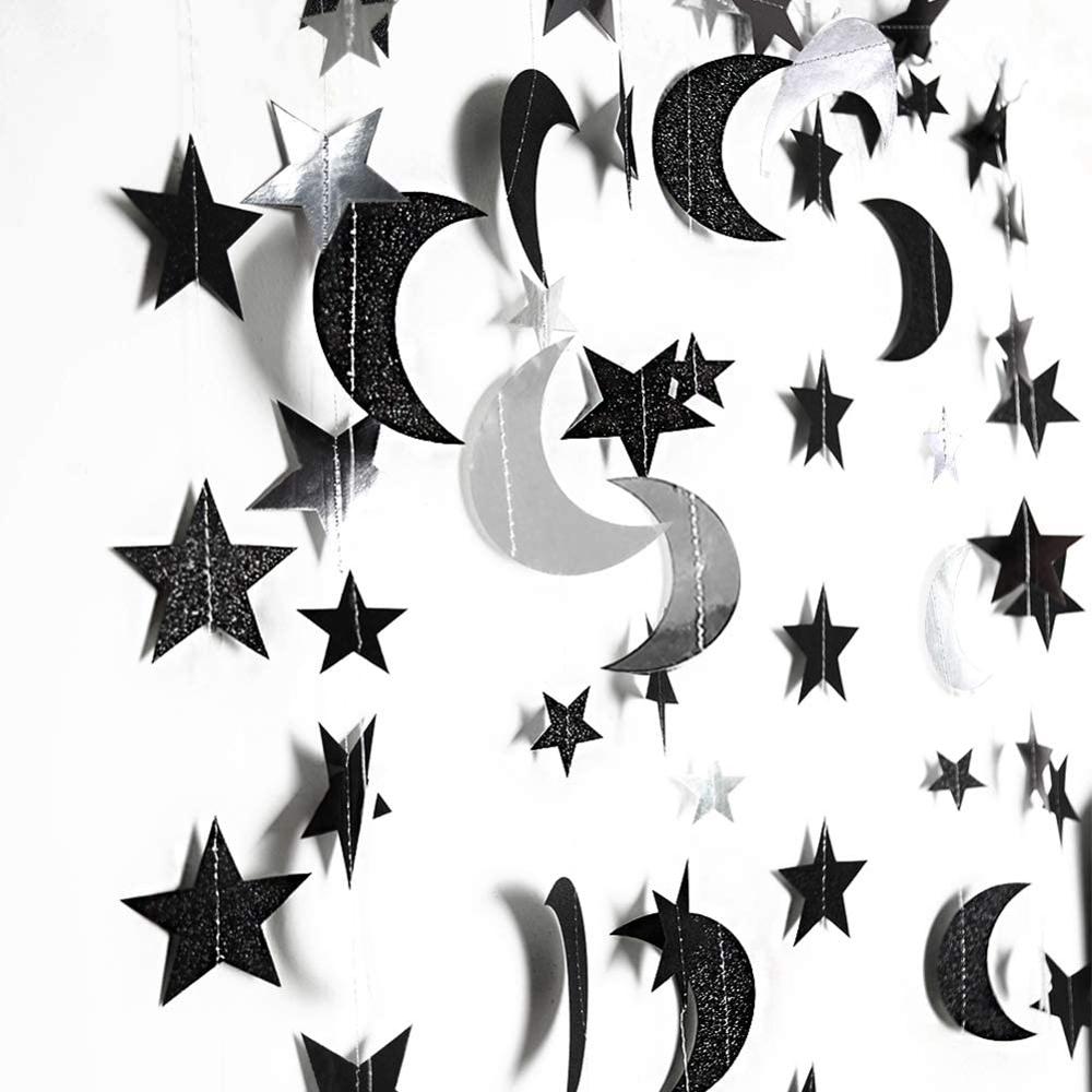 4M Black Silver Moon Star Garland Decorations Glitter Outer Space Birthday Party Hanging Wedding Twinkle Baby Shower Decorations