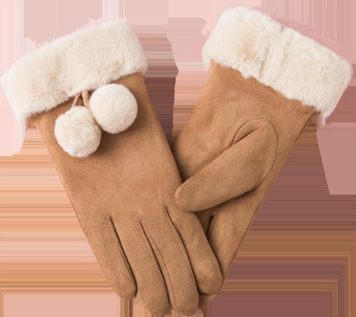luxe daim gants mitaines doigt complet mitaines droite Index doigt écran gant velours épais femmes hiver: brown with fur ball