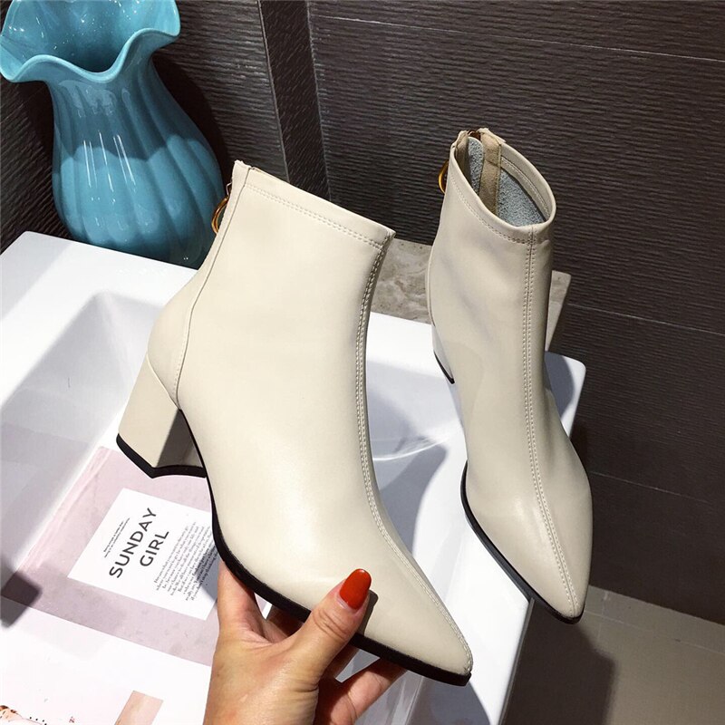 Winter luxe dames 5cm blok hoge hakken enkellaarsjes wit beige hakken leren korte laarzen western chelsea boots schoenen: Beige / 8.5