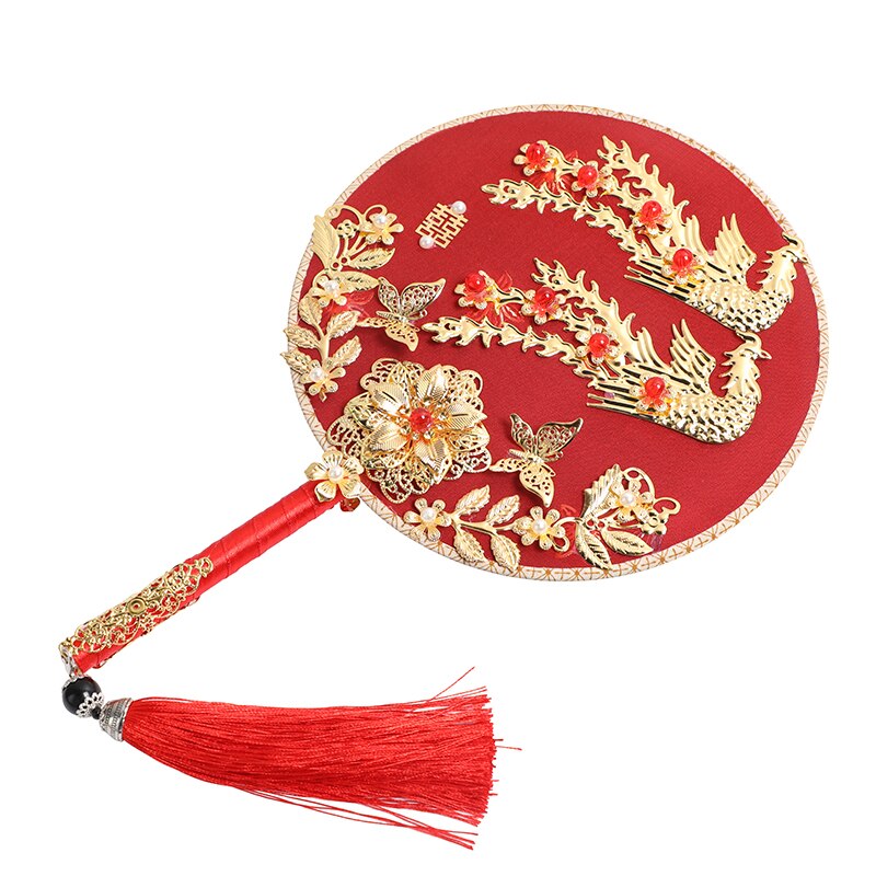 Éventail rond chinois éventail Vintage rouge | Ventilateur à la main chinois rond, éventail rouge avec pompon, décoration de fête de mariage et de mariée, poudard