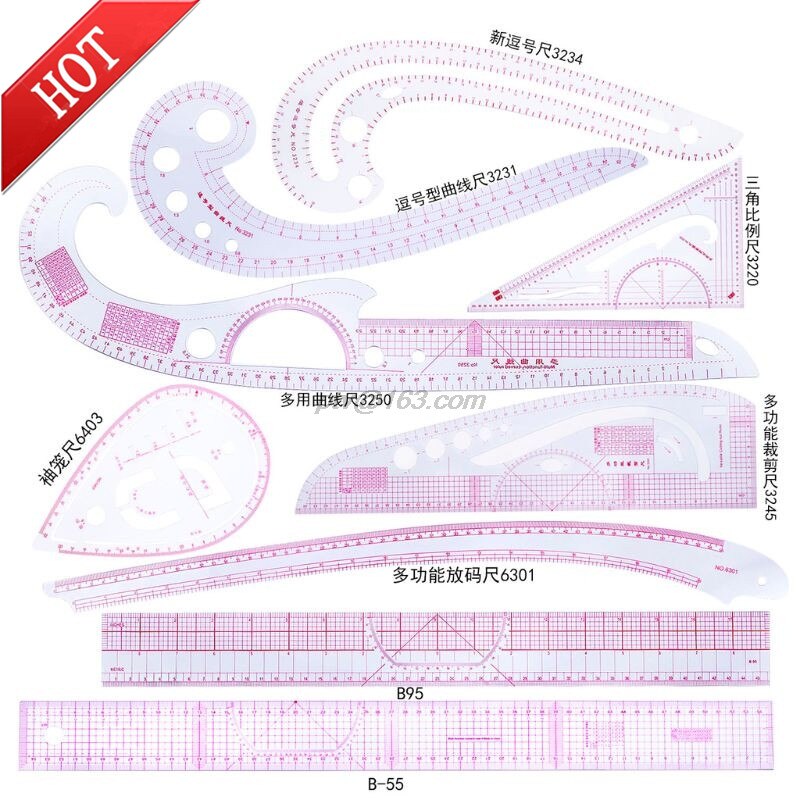 9pcs Sewing French Curve Ruler Measure Dressmaking Tailor Drawing Template Craft Tool Set