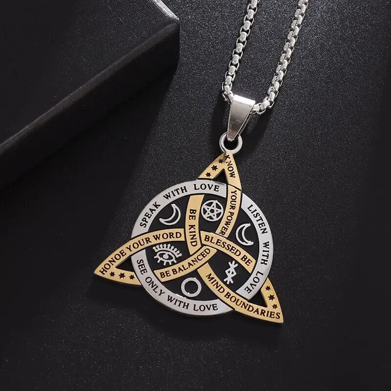 Stainless Steel Vintage Irish Celtic Trinity Knot Pendant Wiccan Witch Knot Moon Star Totem Necklace Men's Lucky Jewelry: Light Yellow Gold Color