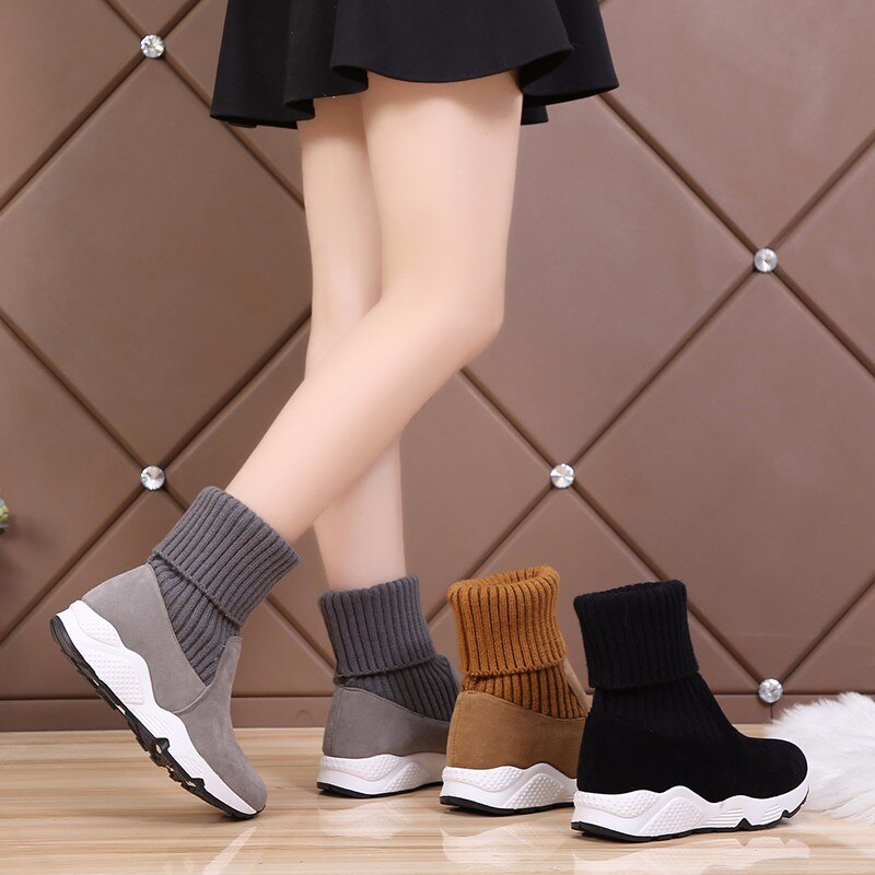 Dam sock boots ankel boots dam mjuka vända snö boots kvinnor päls plysch platåskor