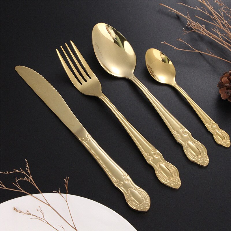 16/20pcs Dinnerware Set Stainless Steel Western Royal Cutlery Silverware Spoon Tea Forks Knives Embossed Handle Dinner Tableware