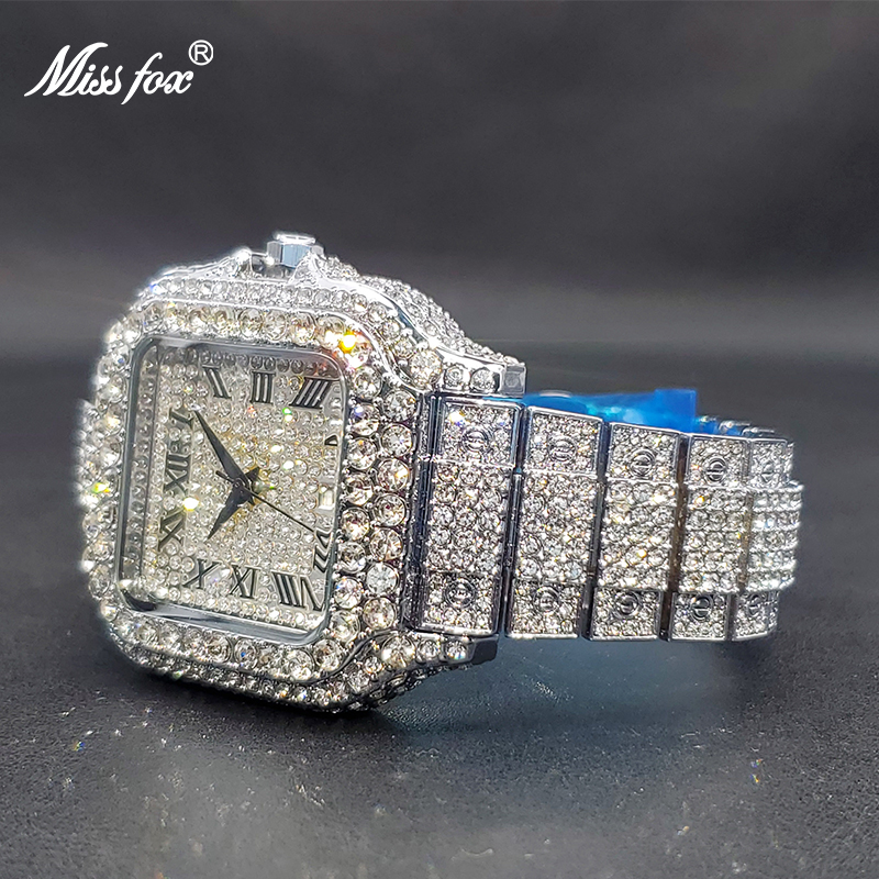 MISSFOX-Grande montre de luxe pour hommes, entièrement en diamant, style hip hop de rue, montres à quartz avec calendrier, directe