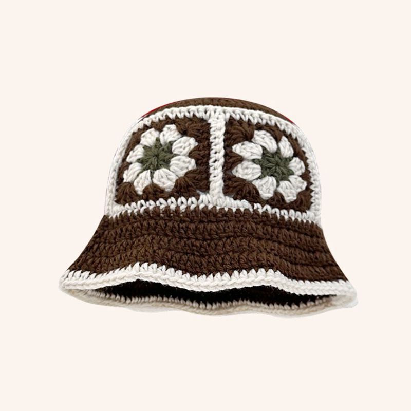 Autumn Crochet Korean Handmade Bucket Hat Women Weaving Knitted Hat Y2k Flowers Autumn Winter Beanies Basin Cap: green