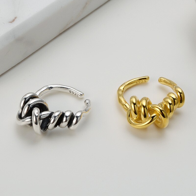 Silvology 925 sterling silver oregelbundna rep knut ringar garn väv lager tjocka japan korea ringar för kvinnor fashionabla smycken